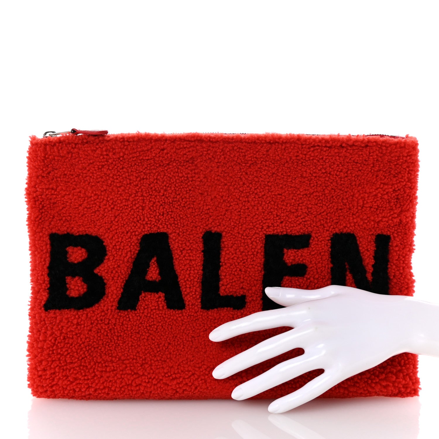 Balenciaga Shearling Logo Inlay Large Zip Pouch Red Black 2 of 6