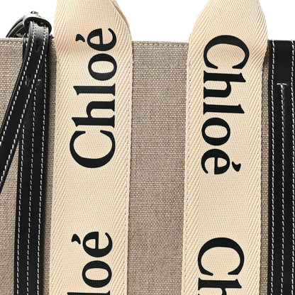 Chloe Linen Calfskin Small Woody Ribbon Tote With Strap White Navy 7 of 9