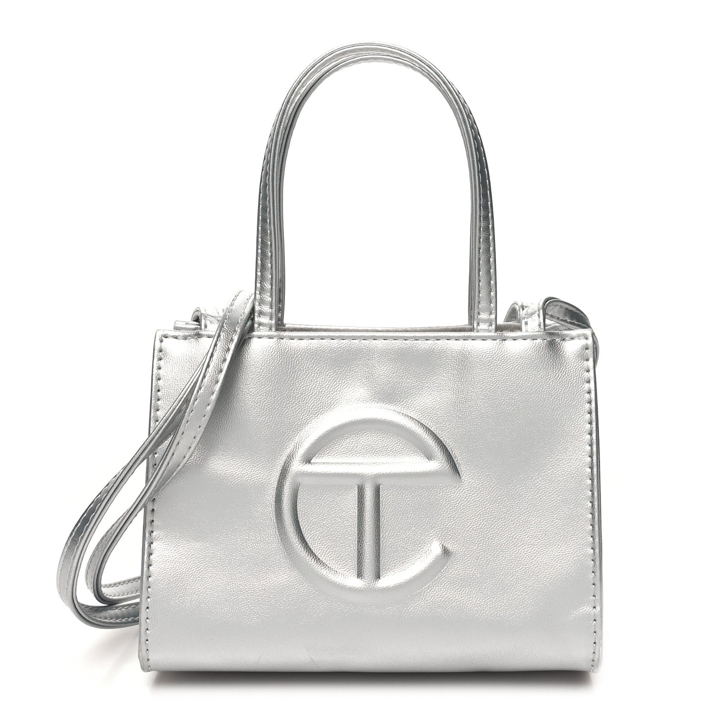 Metallic Vegan Leather Small Shopping Bag Silver