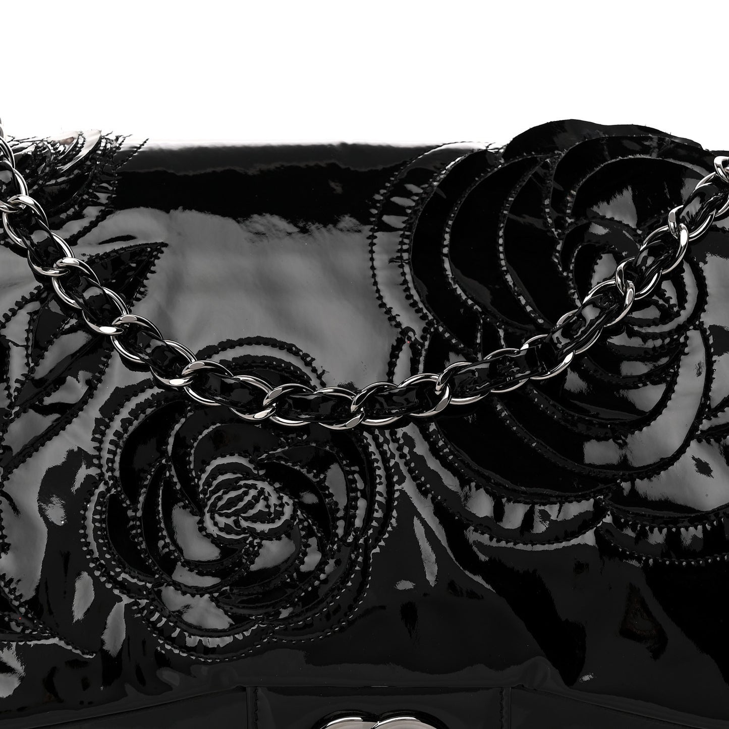 Patent Tweed Maxi Camellia Petals Flap Black
