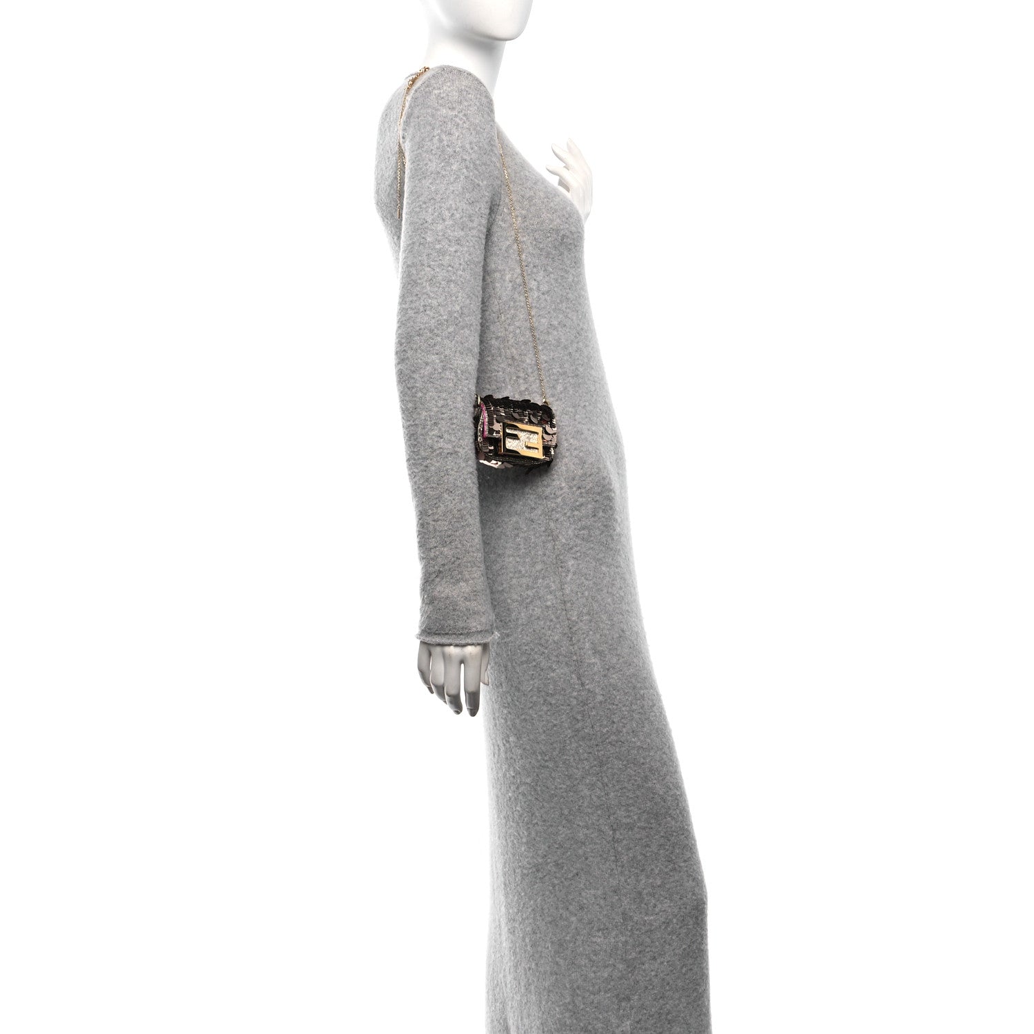 Fendi Sequin Paillettes Shiny Nappa Sex and the City Nano Maxi Buckle Baguette Charm Tortora 2 of 11