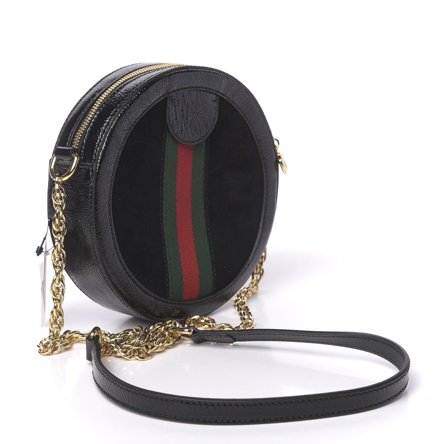Suede Patent Web Mini Ophidia Round Shoulder Bag Black
