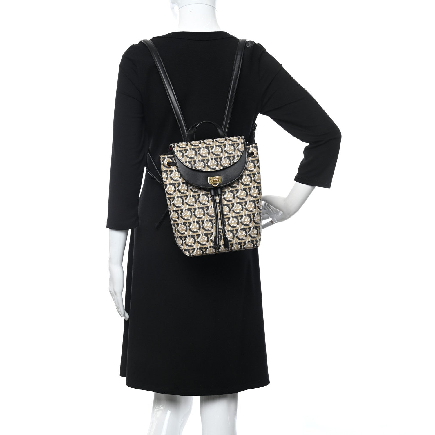 Salvatore Ferragamo Canvas Calfskin Gancini Backpack Black Beige 2 of 12