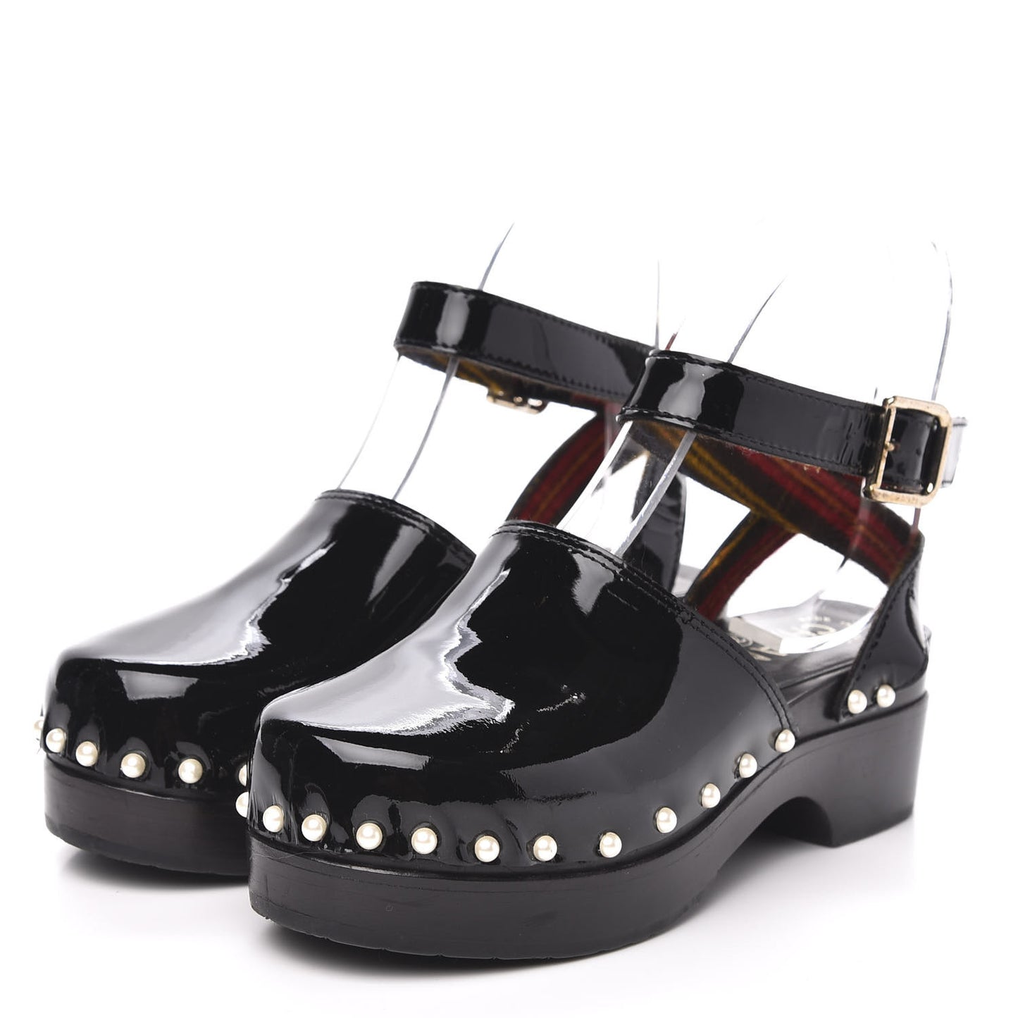 Patent Calfskin Pearl Ankle Wrap Clogs 35 Black