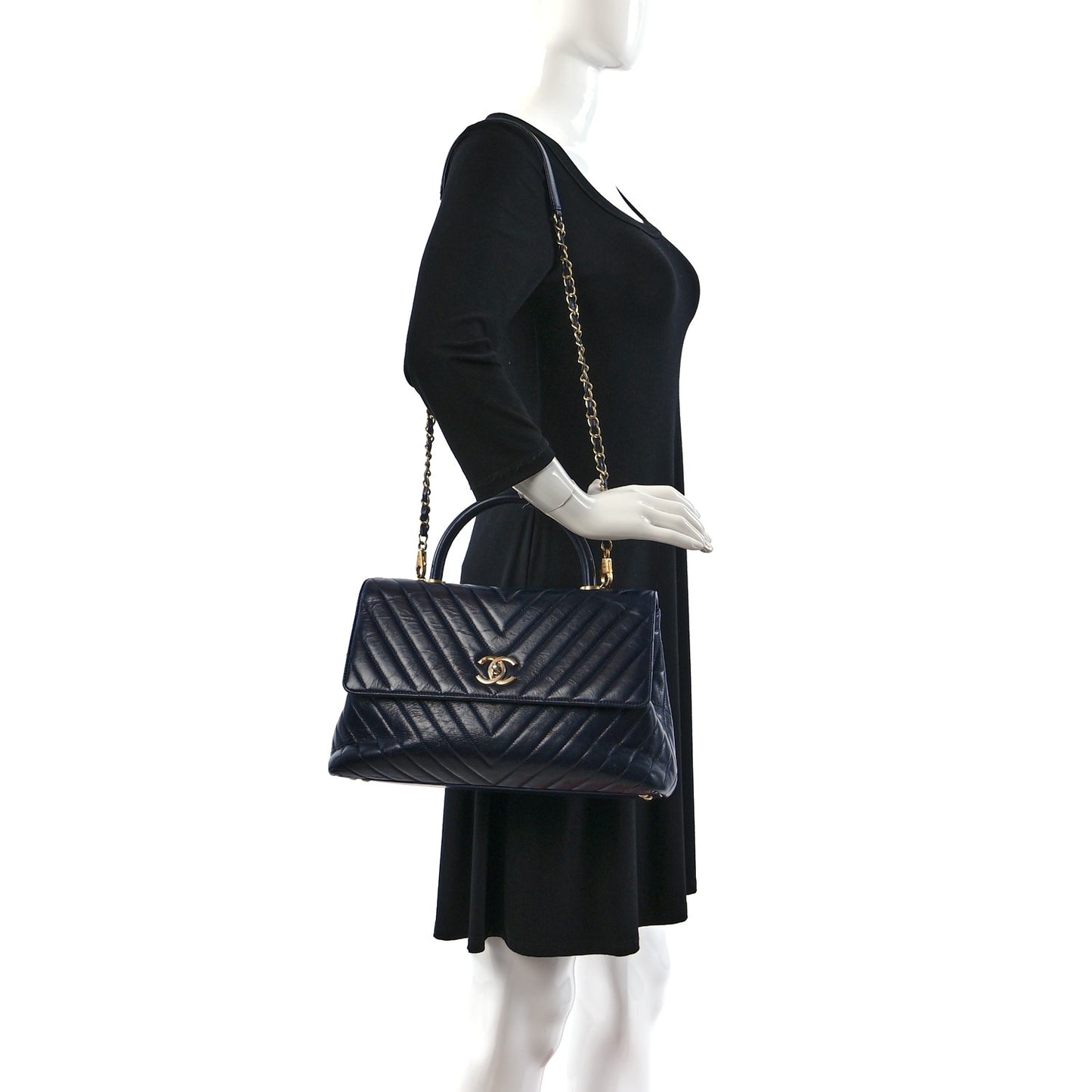 Aged Calfskin Chevron Quilted Small Coco Handle Flap Navy