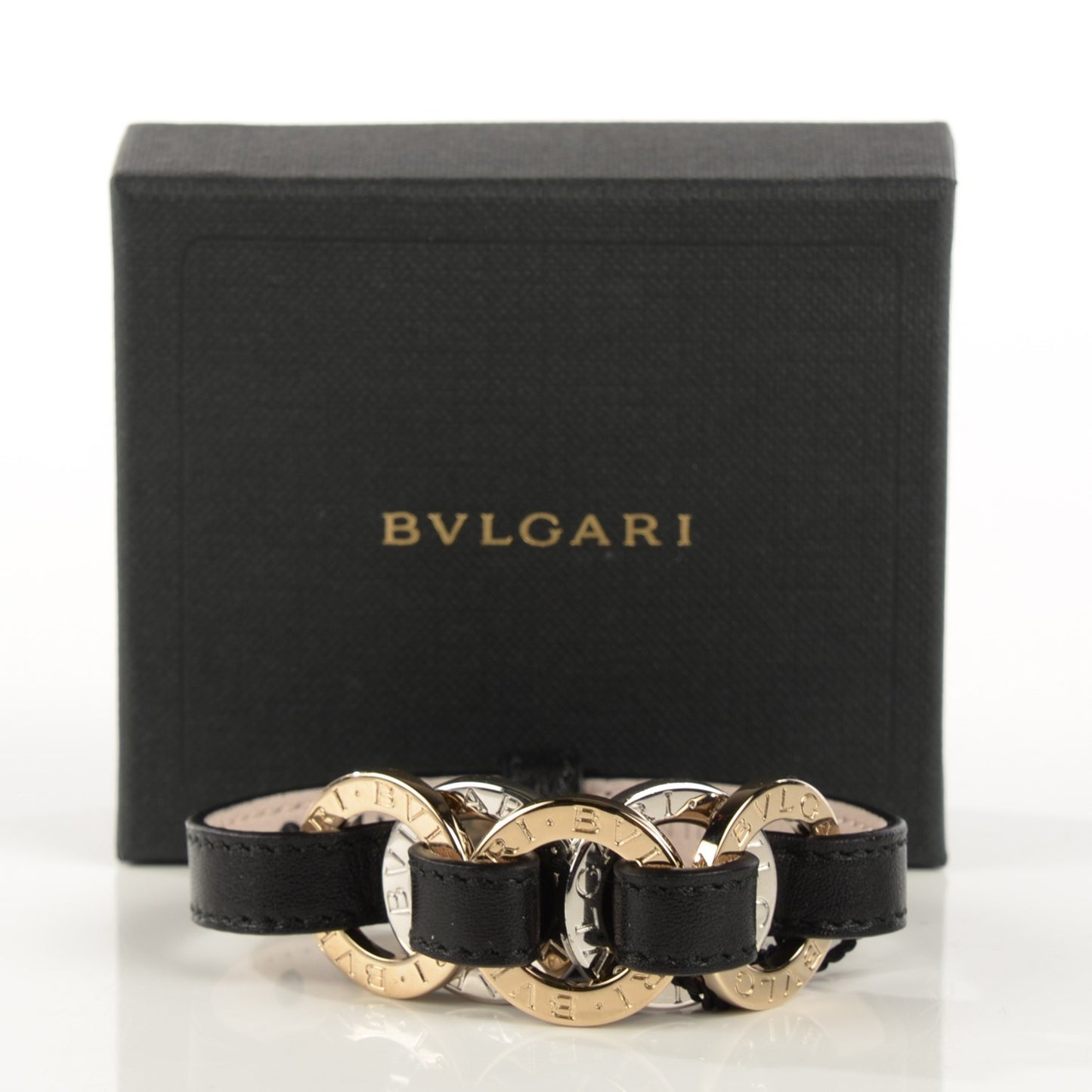 Calfskin Circular Panel Bracelet Black Gold Silver