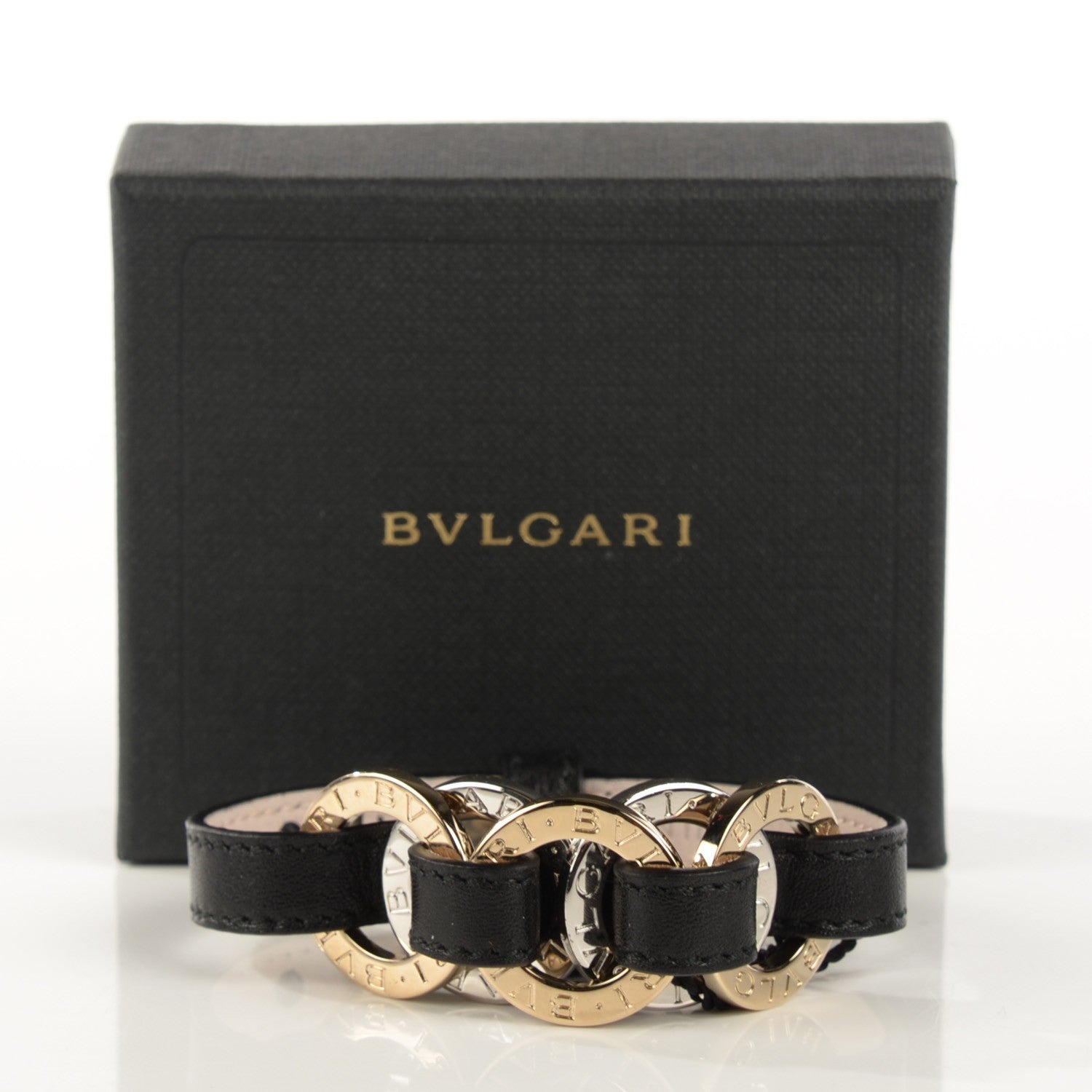 Bulgari Calfskin Circular Panel Bracelet Black Gold Silver 5 of 7