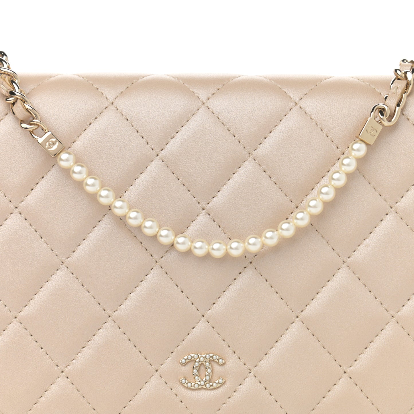 Iridescent Lambskin Quilted Pearl Wallet On Chain WOC Light Beige