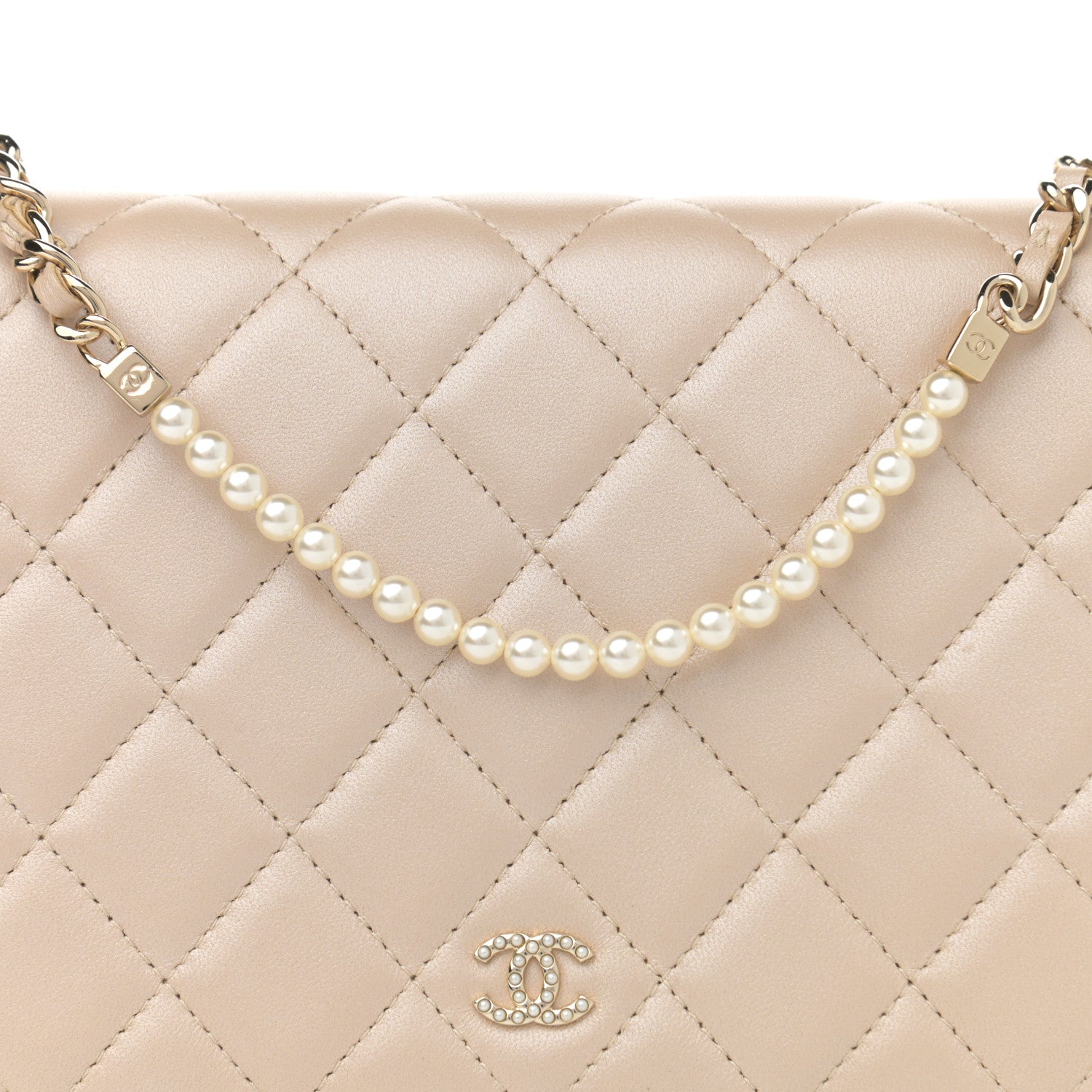 Chanel Iridescent Lambskin Quilted Pearl Wallet On Chain WOC Light Beige 12 of 12