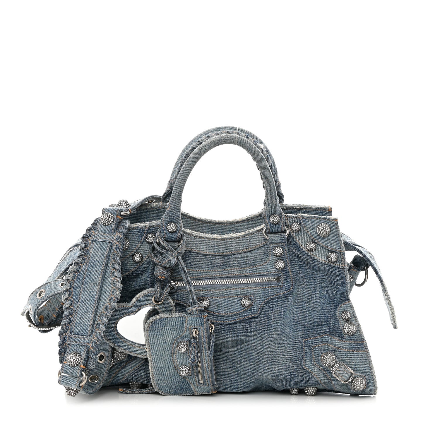 Washed Frayed Denim Crystal Neo Cagole City Handbag Blue