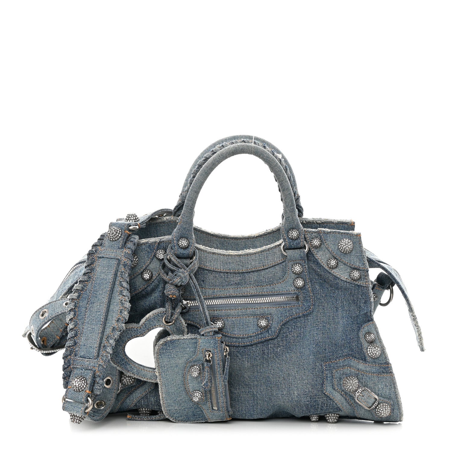 Balenciaga Washed Frayed Denim Crystal Neo Cagole City Handbag Blue 1 of 16