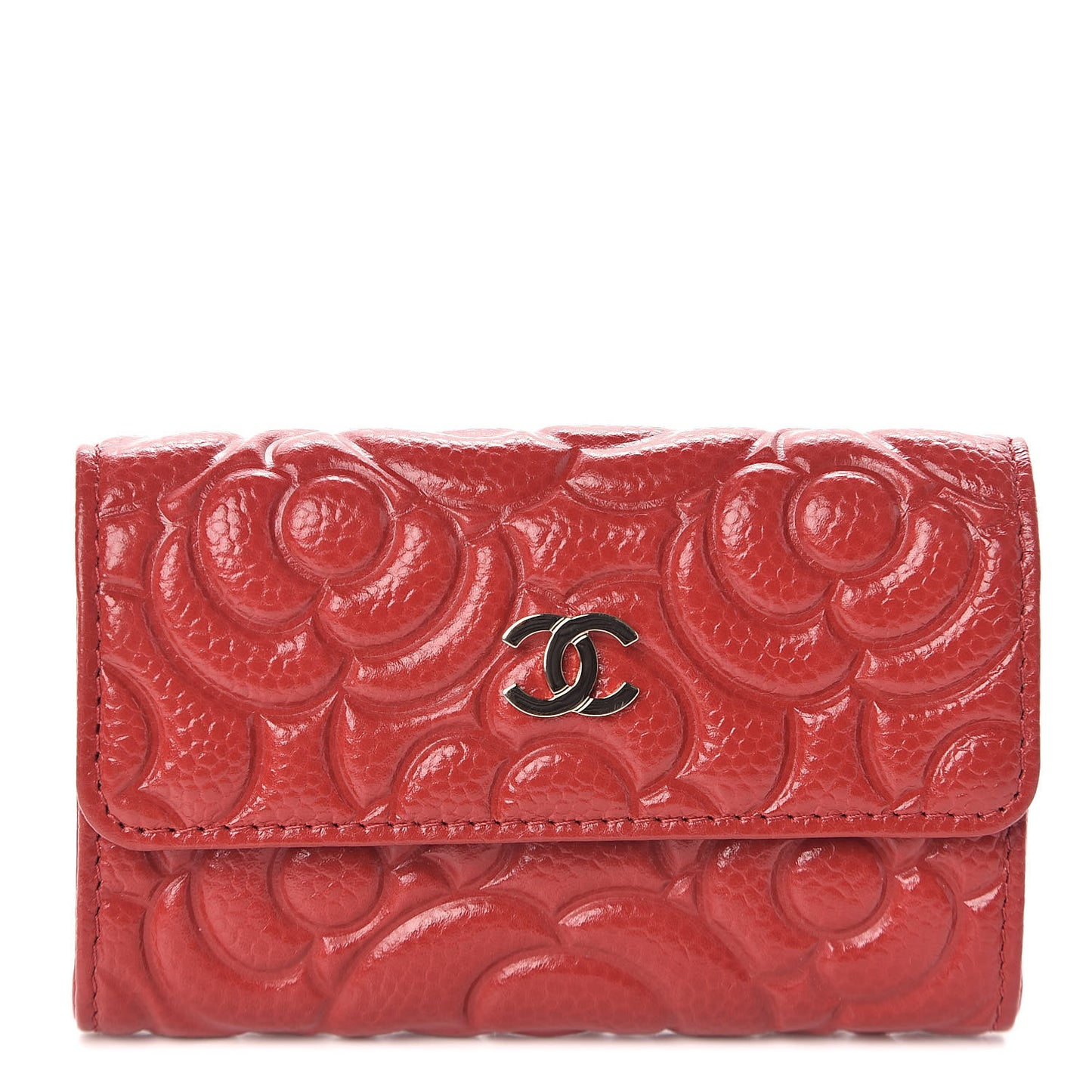 Caviar Camellia Embossed Card Holder Wallet Red