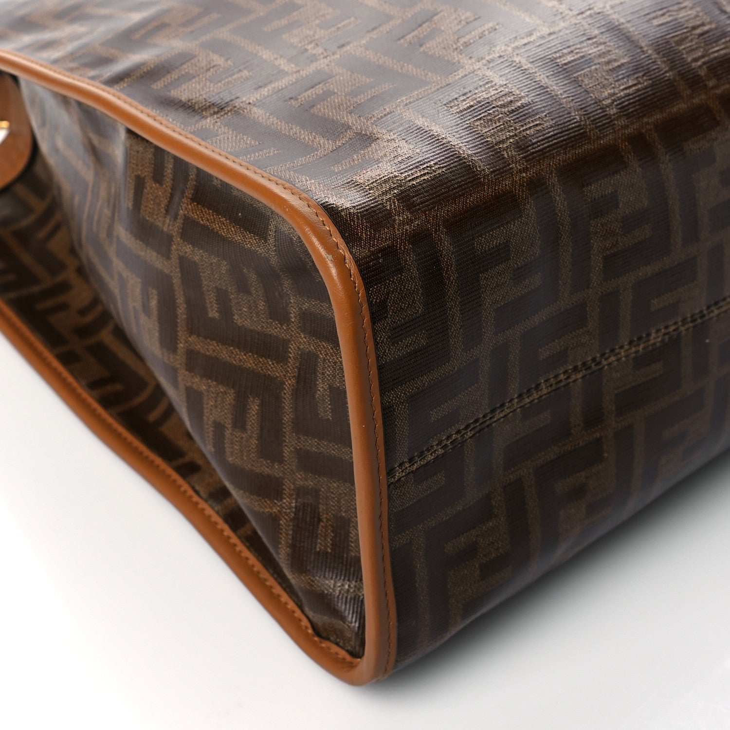 Fendi Glazed Fabric Vitello Century Plexiglass FF 1974 Stamp Patch Medium Runaway Shopper Tote Mogano Panna Nocciola 9 of 11