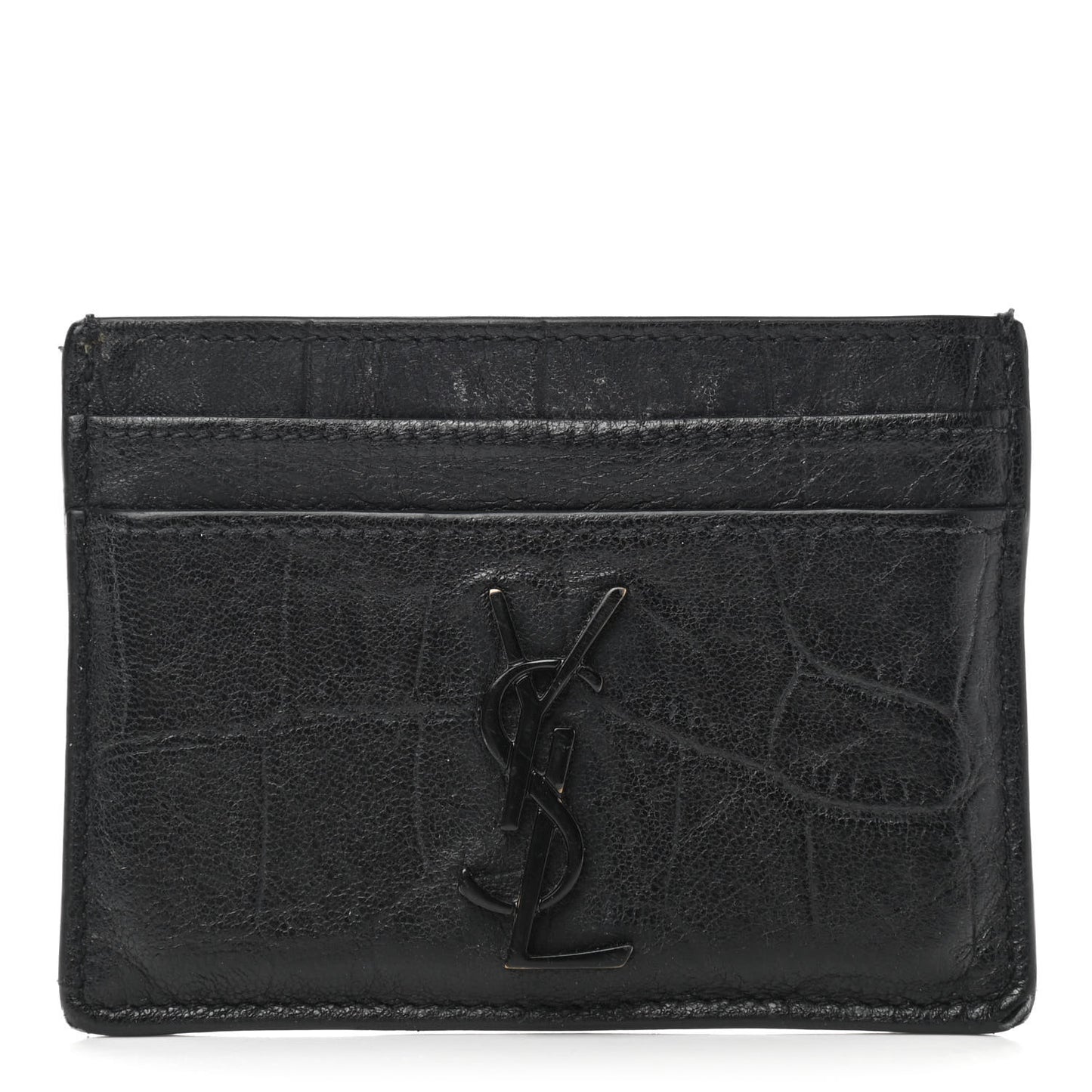 Calfskin Crocodile Embossed Monogram Credit Card Case Black