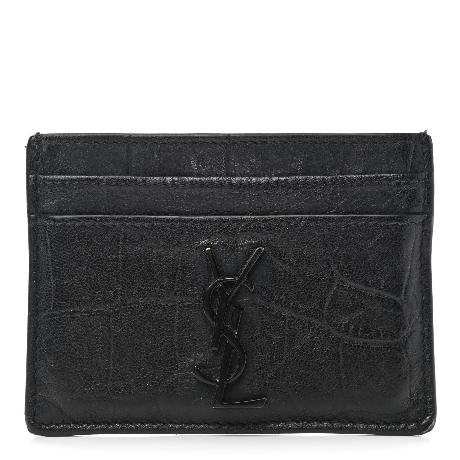 Saint Laurent Calfskin Crocodile Embossed Monogram Credit Card Case Black 1 of 9