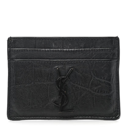 Saint Laurent Calfskin Crocodile Embossed Monogram Credit Card Case Black 1 of 9