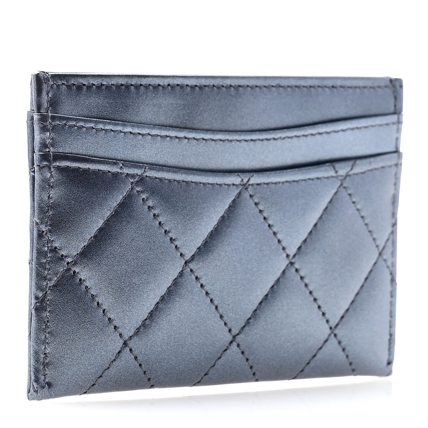 Metallic Lambskin Quilted Card Holder Dark Blue