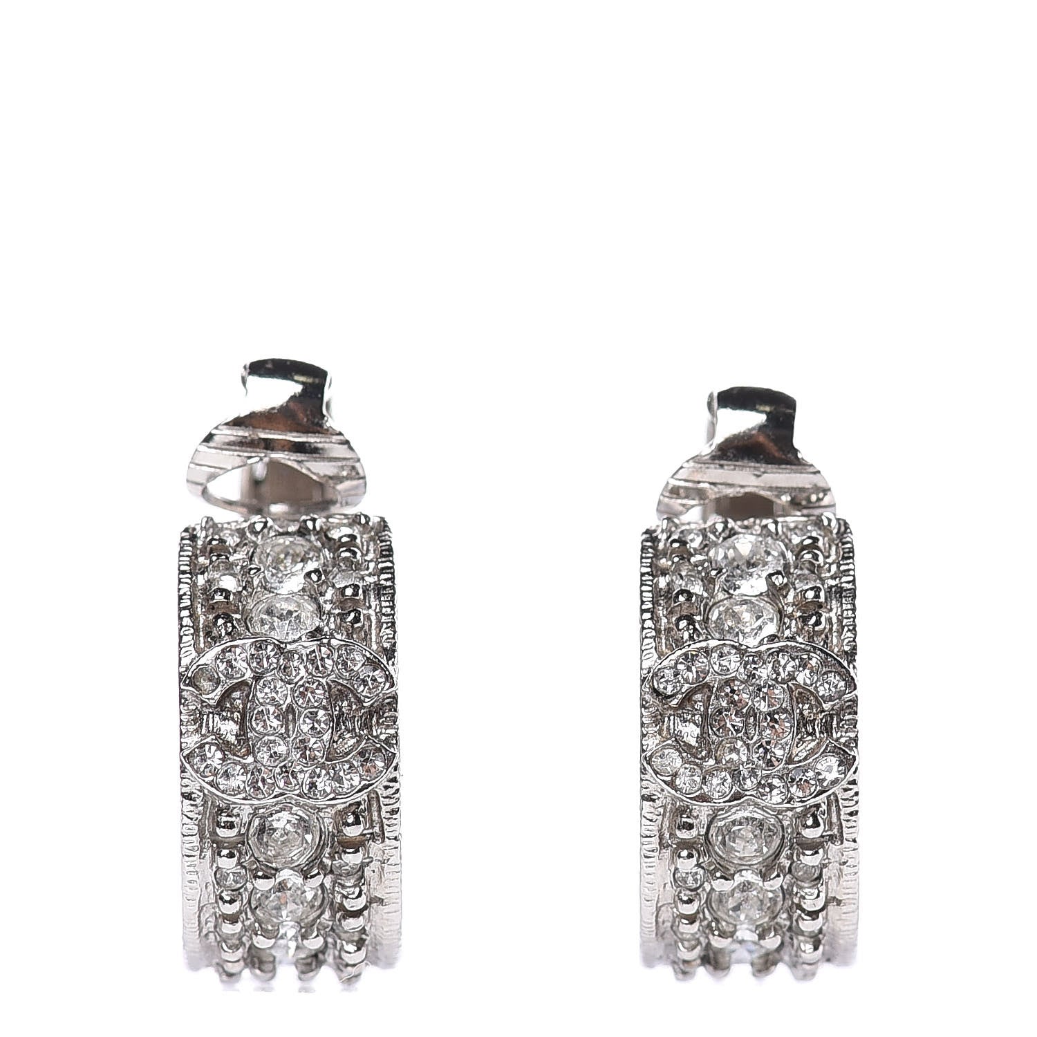 Chanel Crystal CC Hoop Clip On Earrings Silver 1 of 7