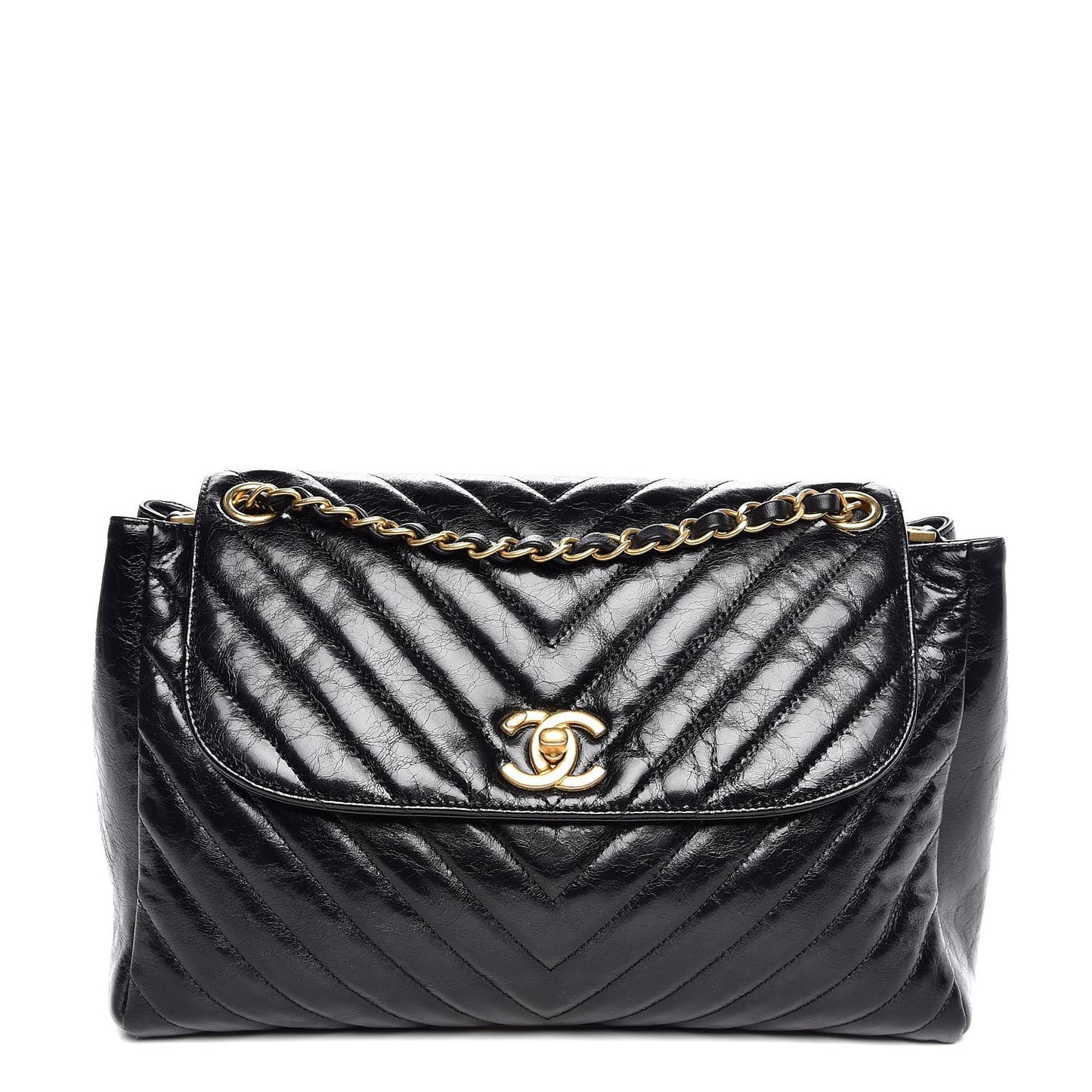 Glazed Calfskin Chevron Quilted Large Hampton Flap Black
