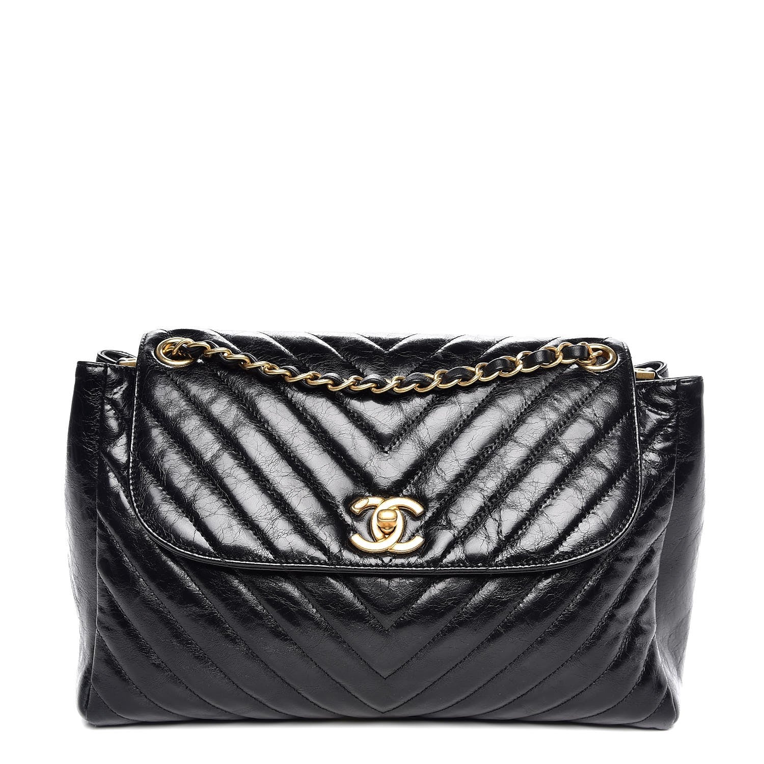 Chanel Glazed Calfskin Chevron Quilted Large Hampton Flap Black 1 of 8