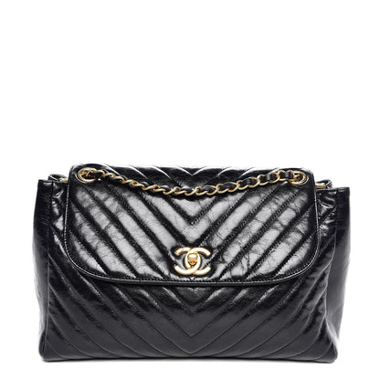 Chanel Glazed Calfskin Chevron Quilted Large Hampton Flap Black 1 of 8