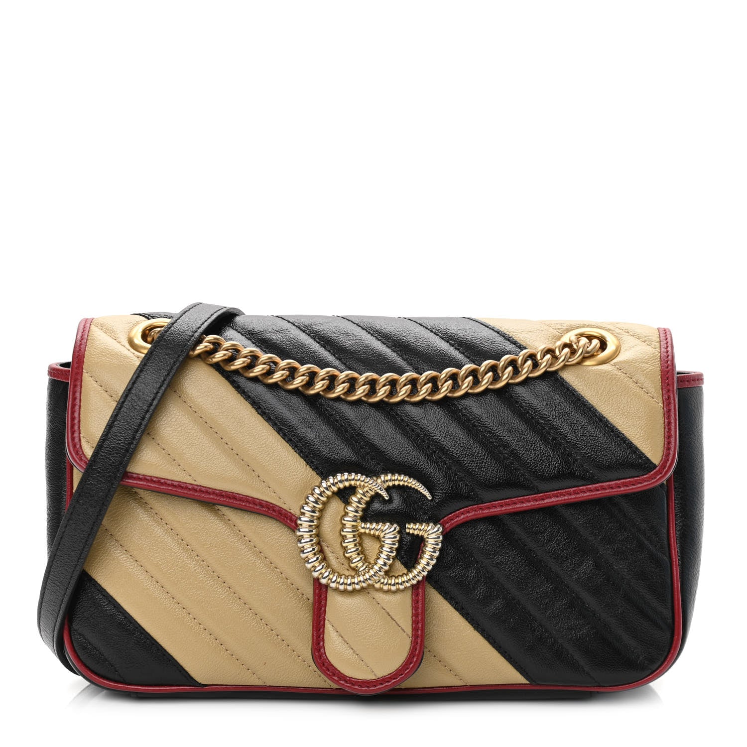 Gucci Vintage Effect Calfskin Matelasse Diagonal Striped Small Torchon GG Marmont Shoulder Bag Black Beige 1 of 10