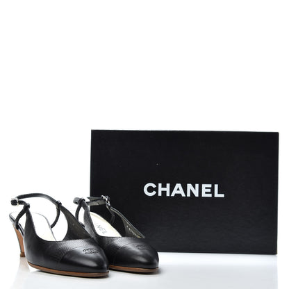 Chanel Calfskin Embossed Cap Toe CC Slingback Pumps 37.5 Black 11 of 11