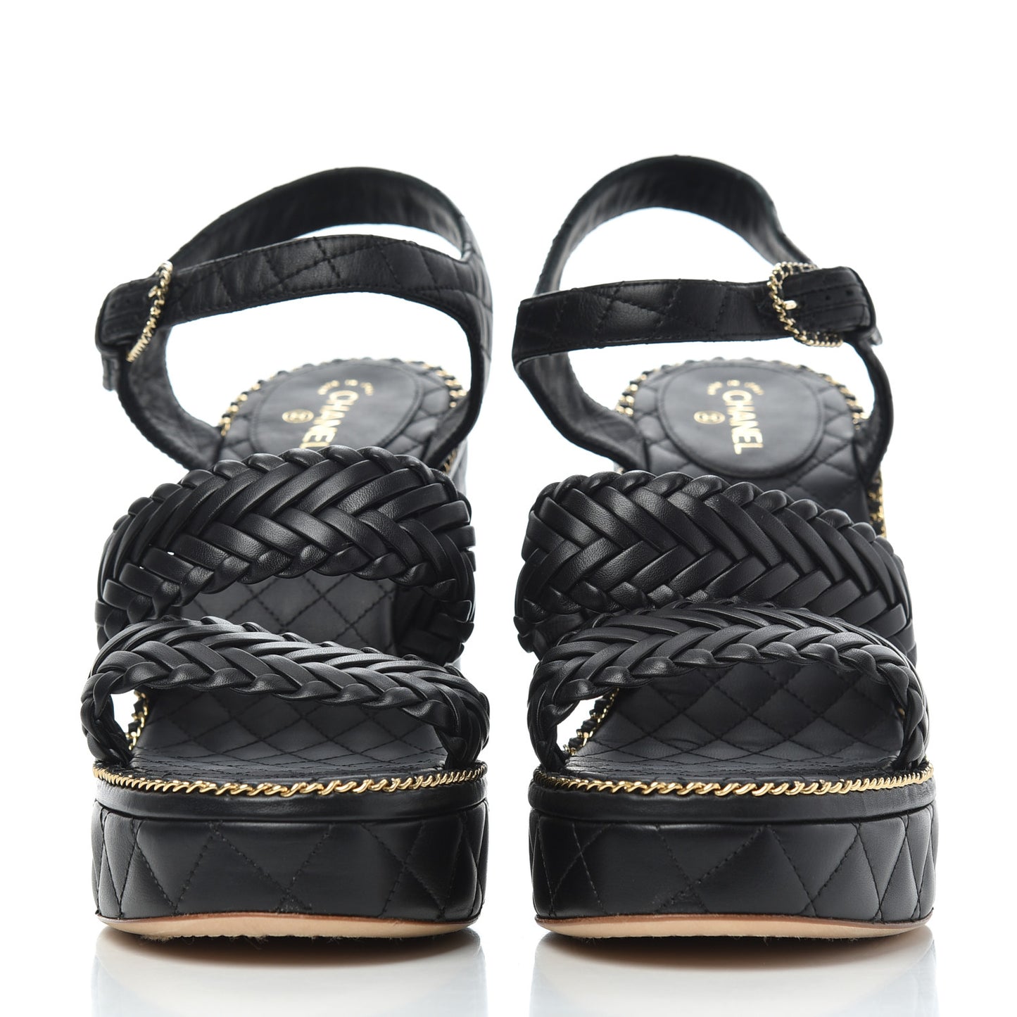 Calfskin Quilted Chain Around Wedge Sandals 39.5 Black