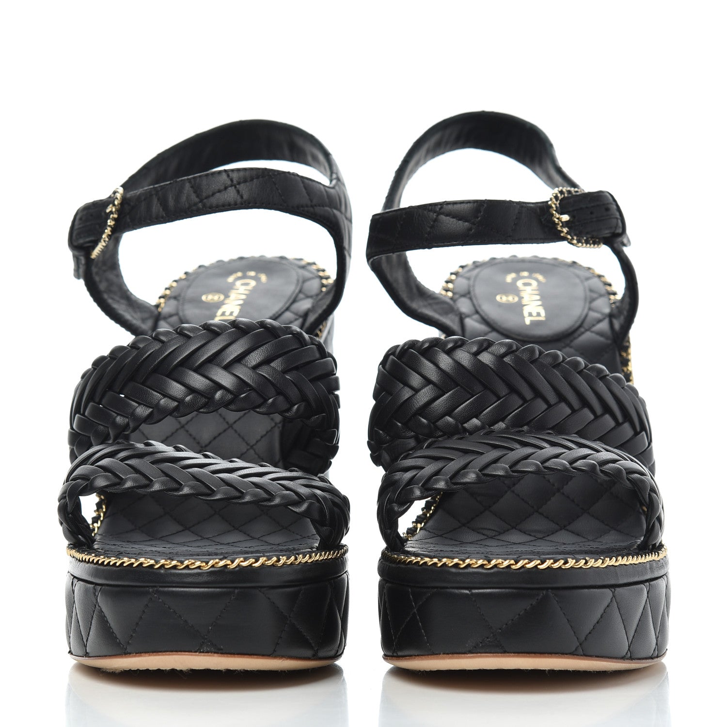 Chanel Calfskin Quilted Chain Around Wedge Sandals 39.5 Black 2 of 20