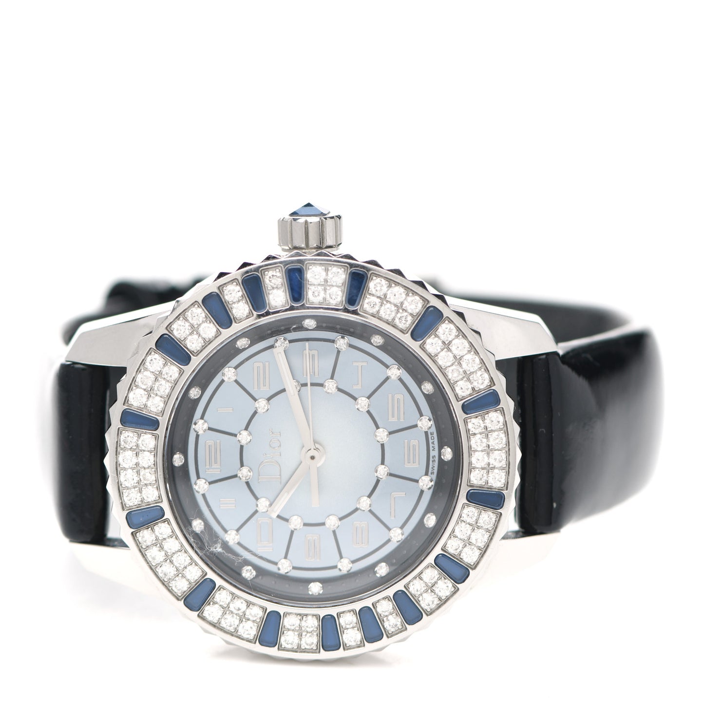 Stainless Steel Calfskin Diamond Blue Sapphire 33mm Christal Quartz Watch
