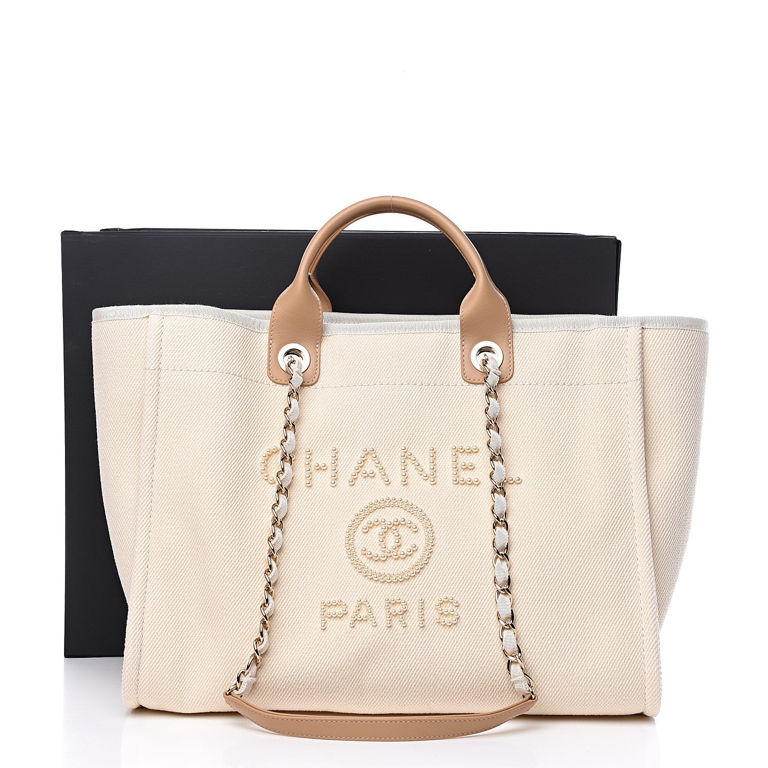Chanel Canvas Pearl Medium Deauville Tote Ecru Beige 10 of 10