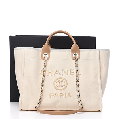 Chanel Canvas Pearl Medium Deauville Tote Ecru Beige 10 of 10