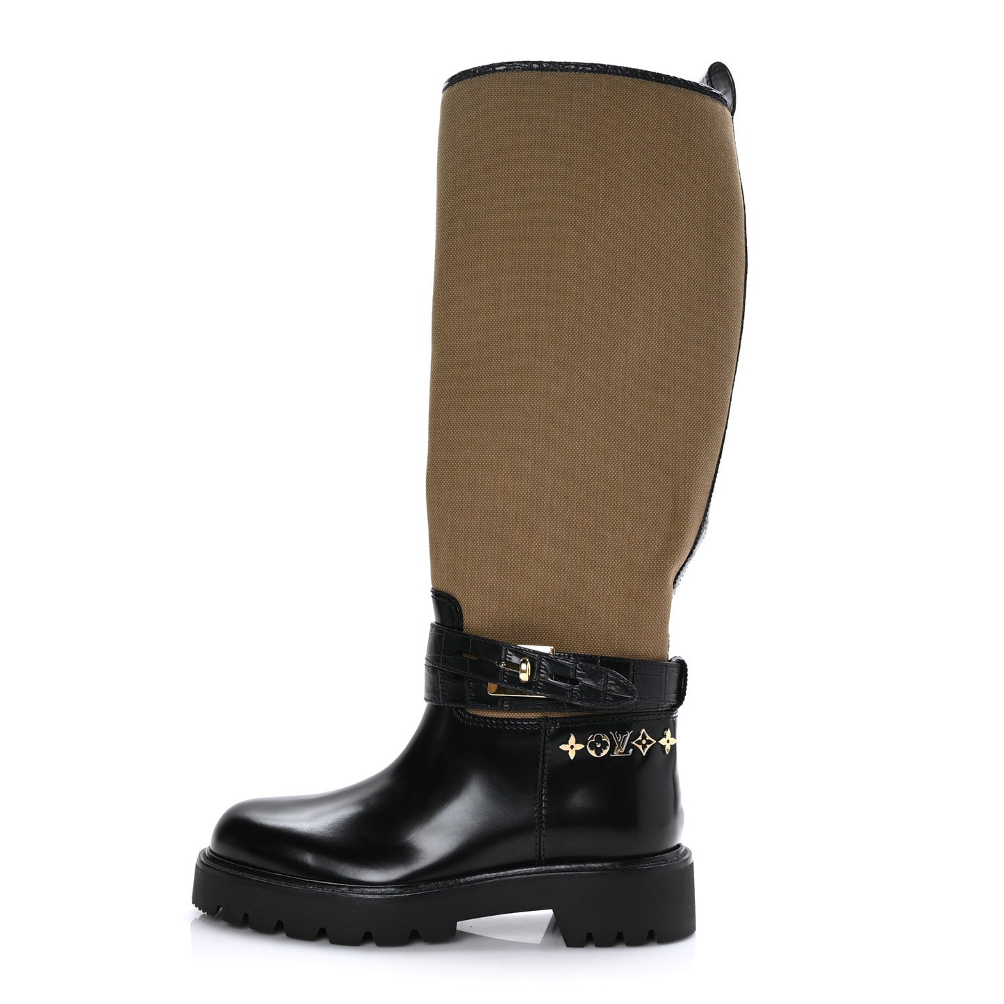 Canvas Calfskin Territory Flat High Ranger Boots 36 Khaki