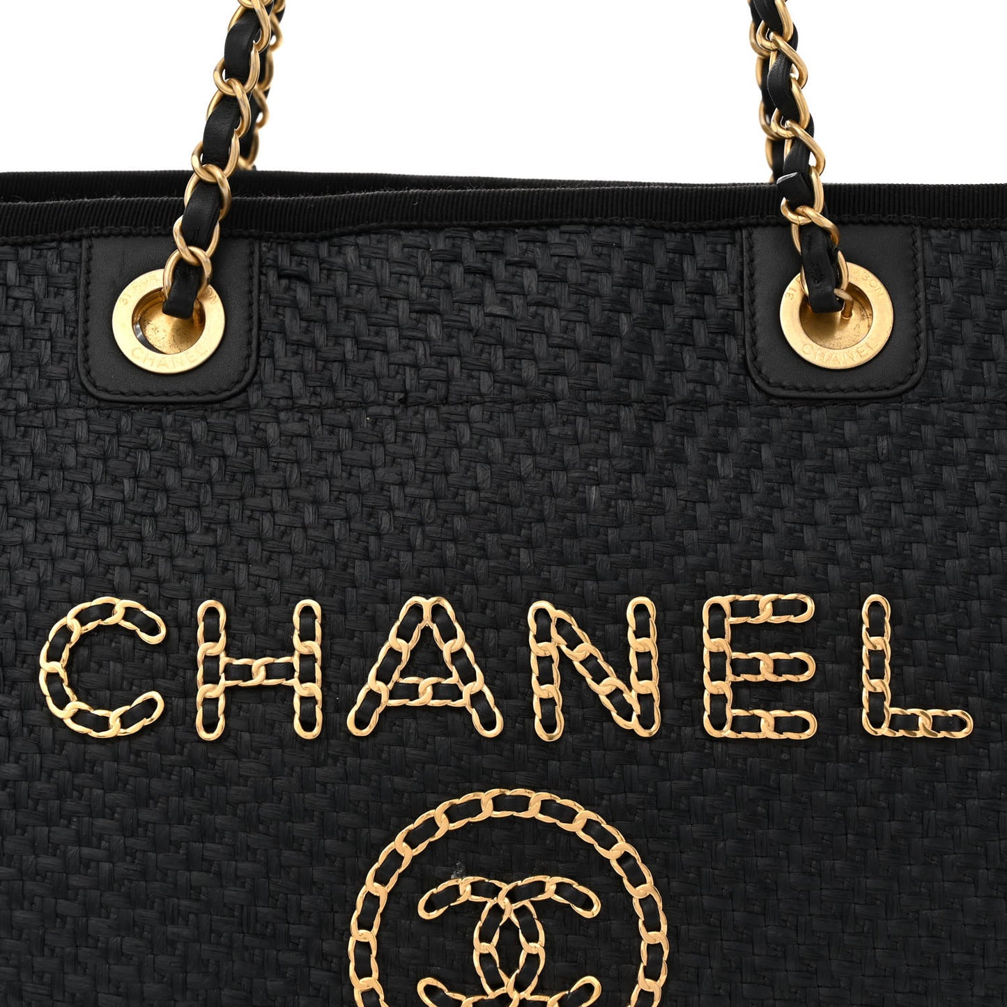 Straw Raffia Calfskin Chain Small Deauville Tote Black