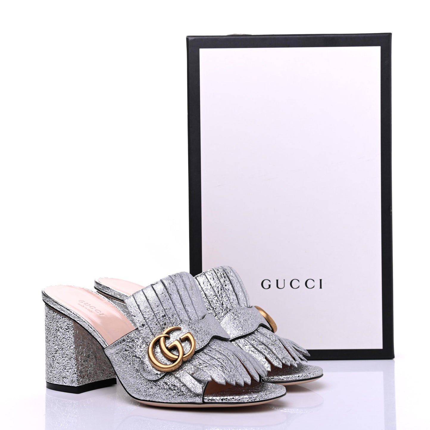 Galassia GG Marmont Fringe 75mm Slide Sandals 38.5 Argento