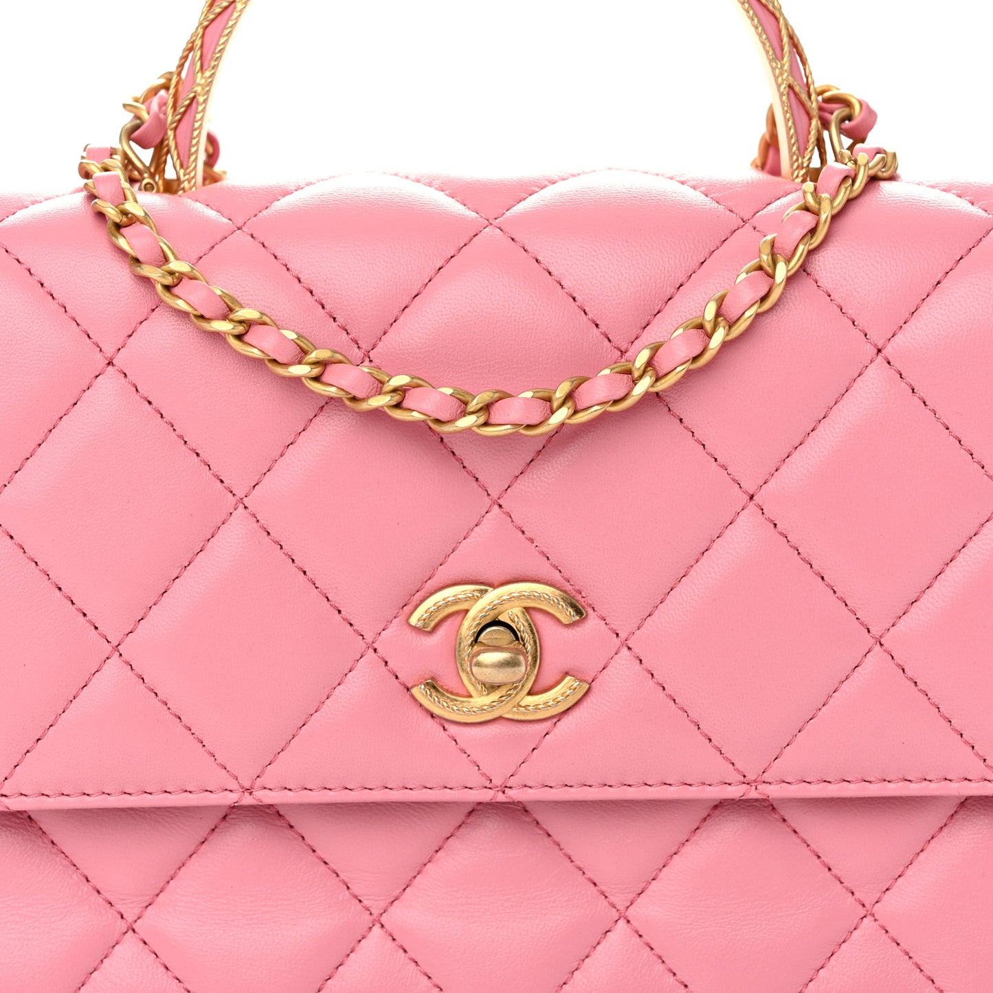 Lambskin Metal Quilted Twist Top Handle Flap With Chain Light Pink