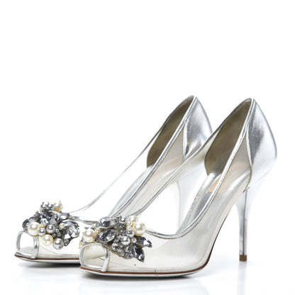 Valentino Garavani Metallic Nappa Mesh Crystal Pearl Peep Toe Pumps 37 Silver 3 of 7