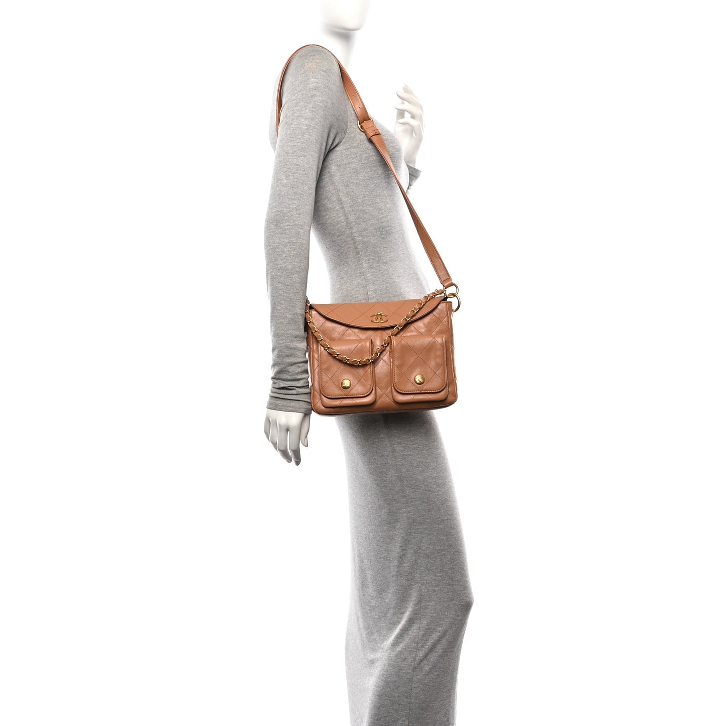 Shiny Calfskin Quilted Small Supple Twins Hobo Bag Brown