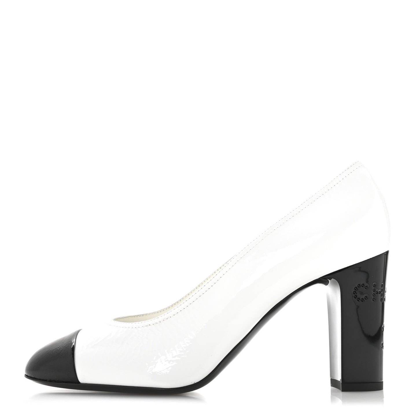 Patent Calfskin Crystal Cap Toe Logo Pumps 40 White Black