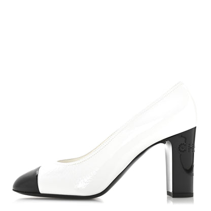 Chanel Patent Calfskin Crystal Cap Toe Logo Pumps 40 White Black 1 of 8