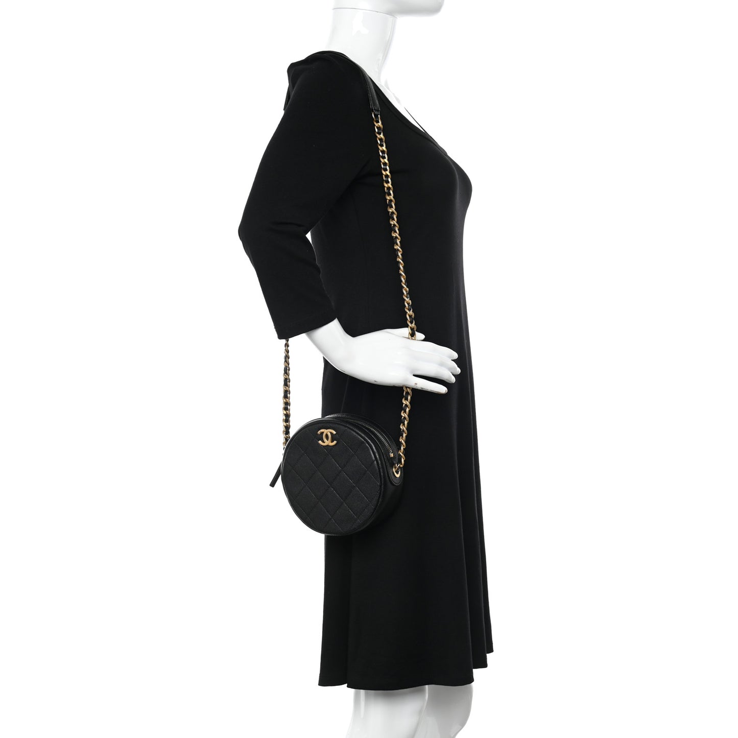 Caviar Quilted Small Round Bag With Chain Black