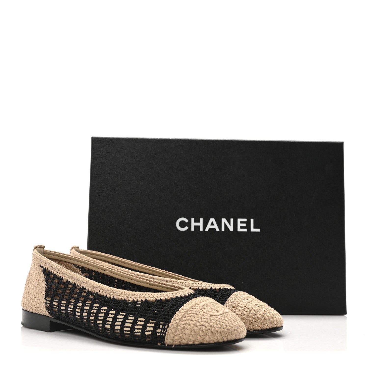 Chanel Raffia Cap Toe Ballerina Flats 37 Black Beige 9 of 9
