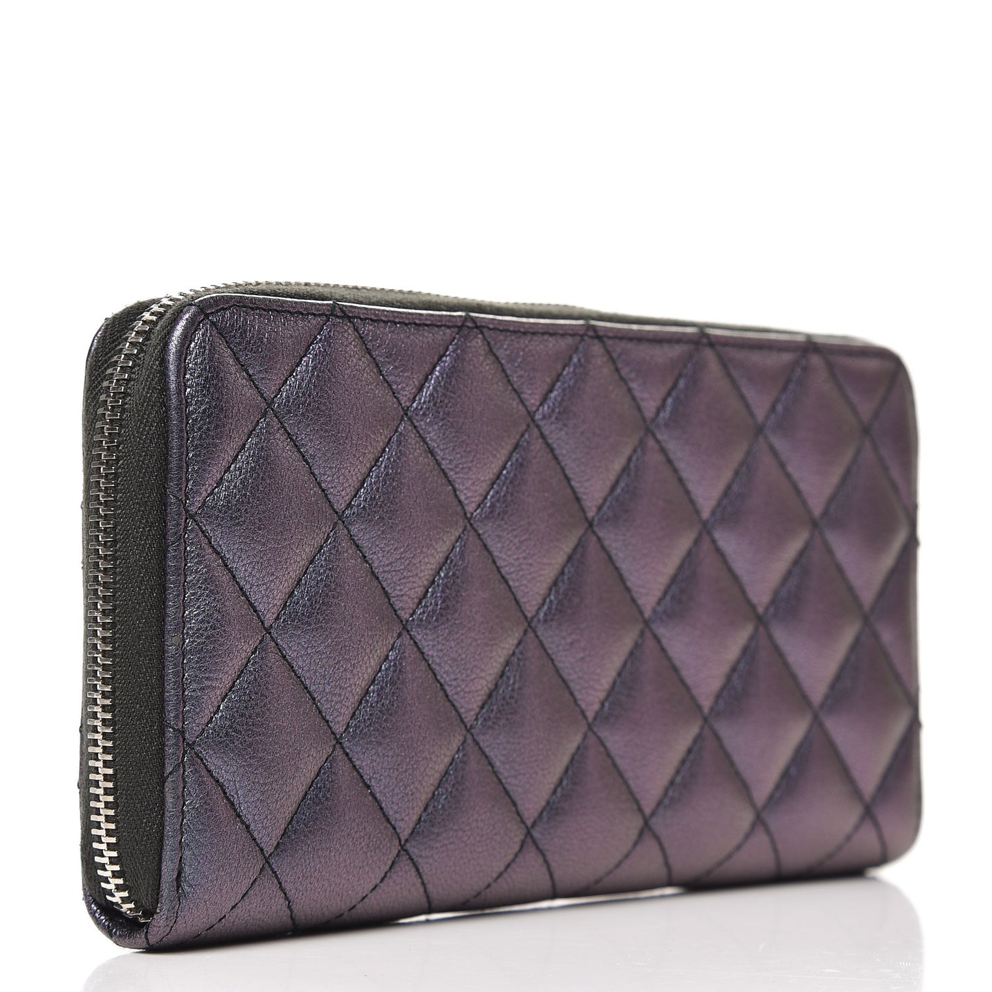 Iridescent Goatskin Quilted Large Gusset Zip Around Wallet Purple