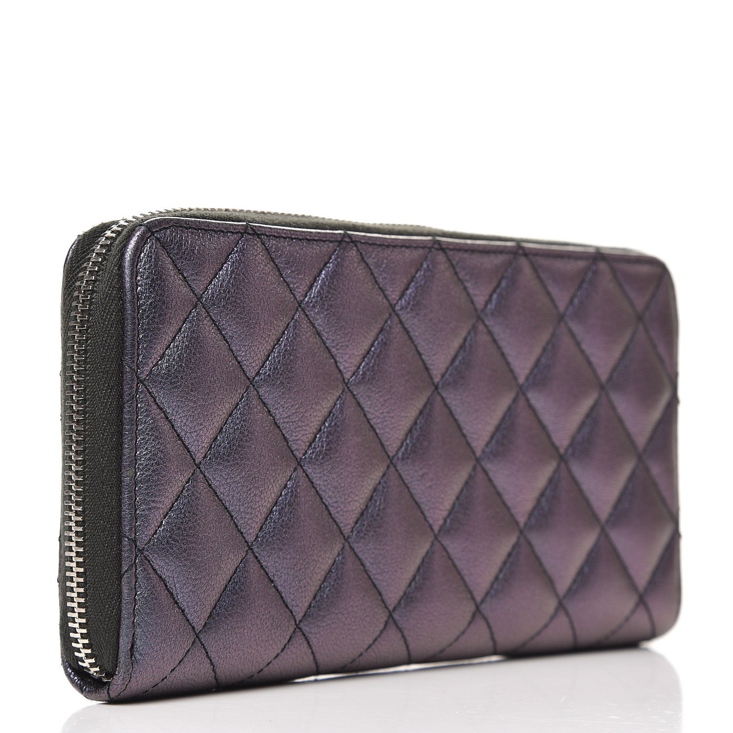 Chanel Iridescent Goatskin Quilted Large Gusset Zip Around Wallet Purple 3 of 10