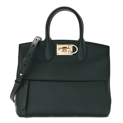 Salvatore Ferragamo Hammered Calfskin Medium Studio Top Handle Bag Dark Green 1 of 15