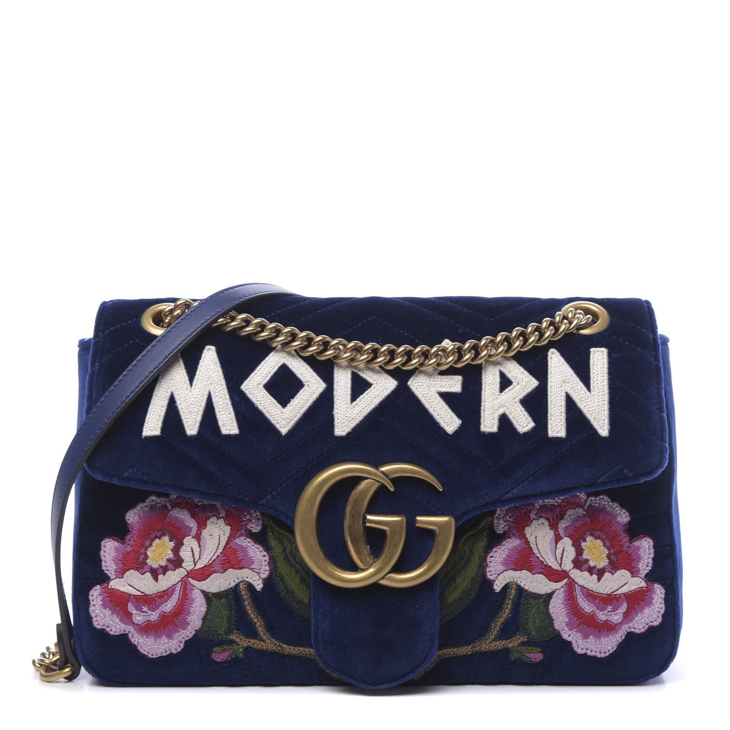 Velvet Matelasse Modern Embroidered Medium GG Marmont Shoulder Bag Cobalt