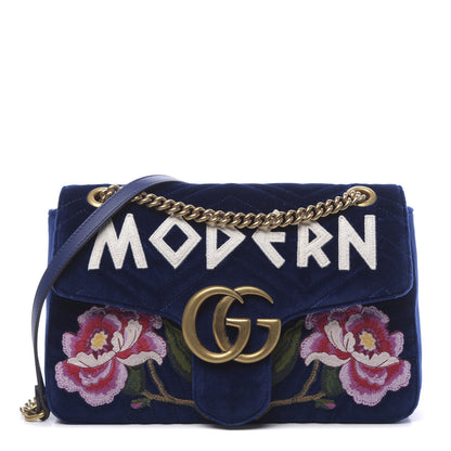 Gucci Velvet Matelasse Modern Embroidered Medium GG Marmont Shoulder Bag Cobalt 1 of 10