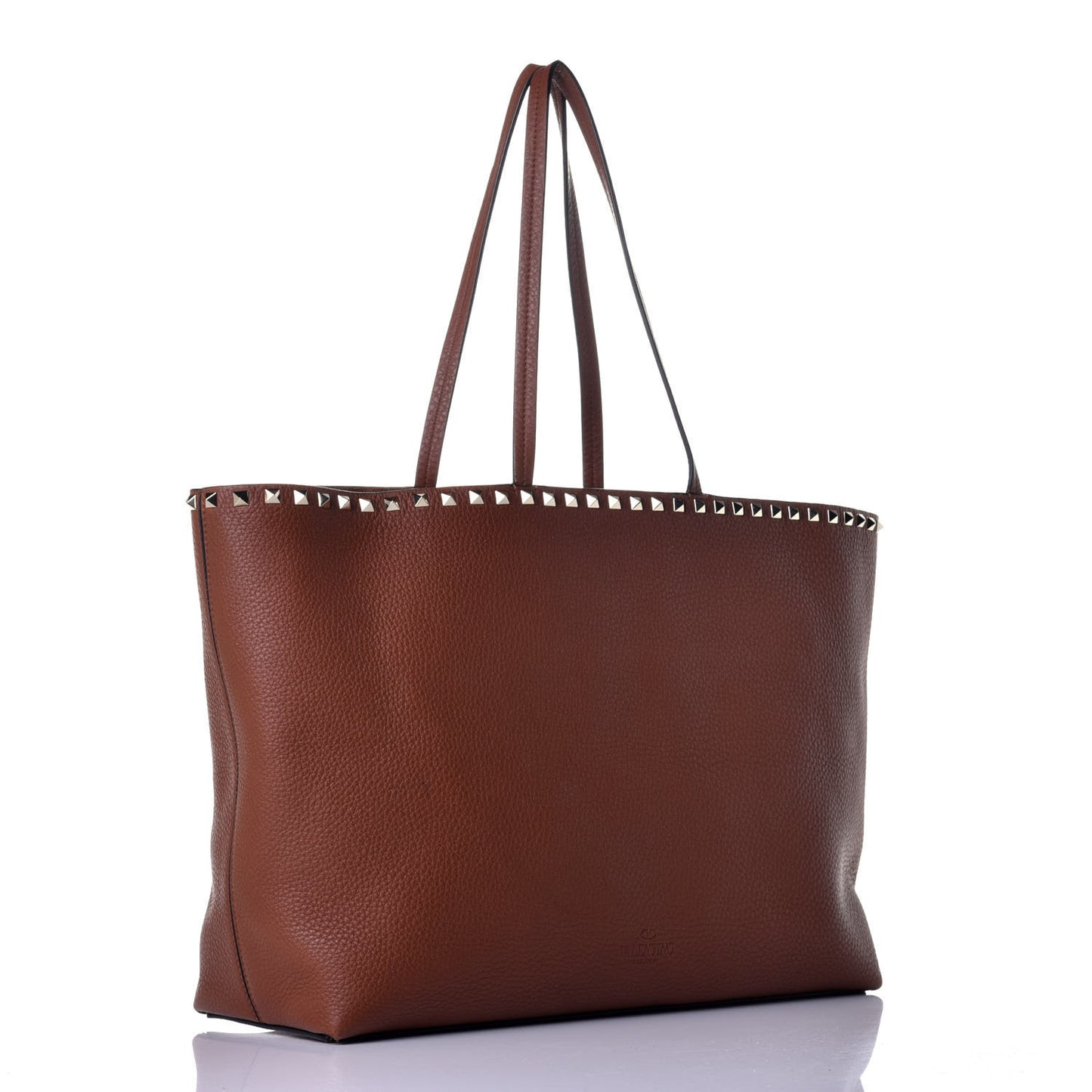 Grained Calfskin Rockstud Shoulder Tote Bright Cognac