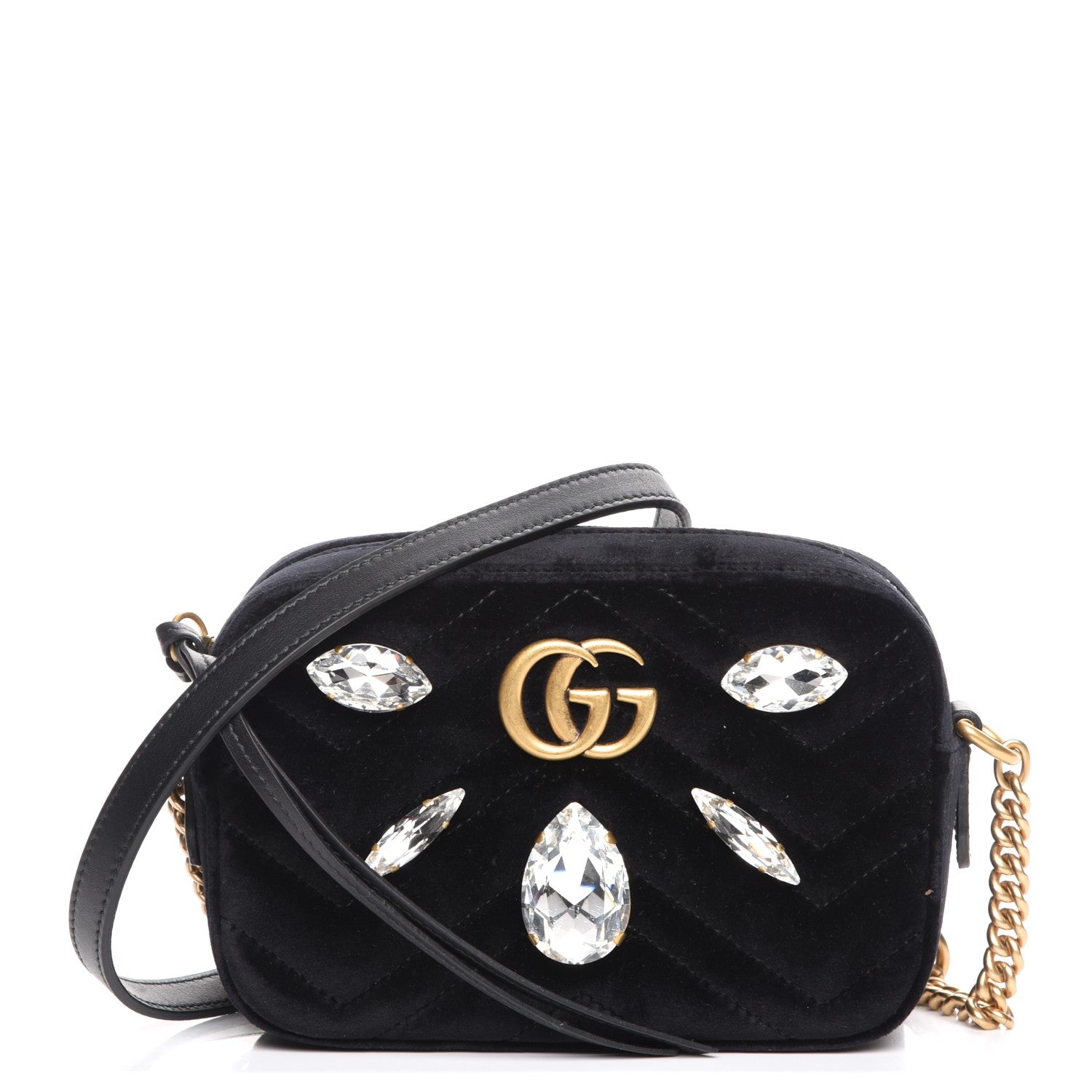 Gucci Velvet Matelasse Marquise Crystals Mini GG Marmont Chain Shoulder Bag Black 1 of 7