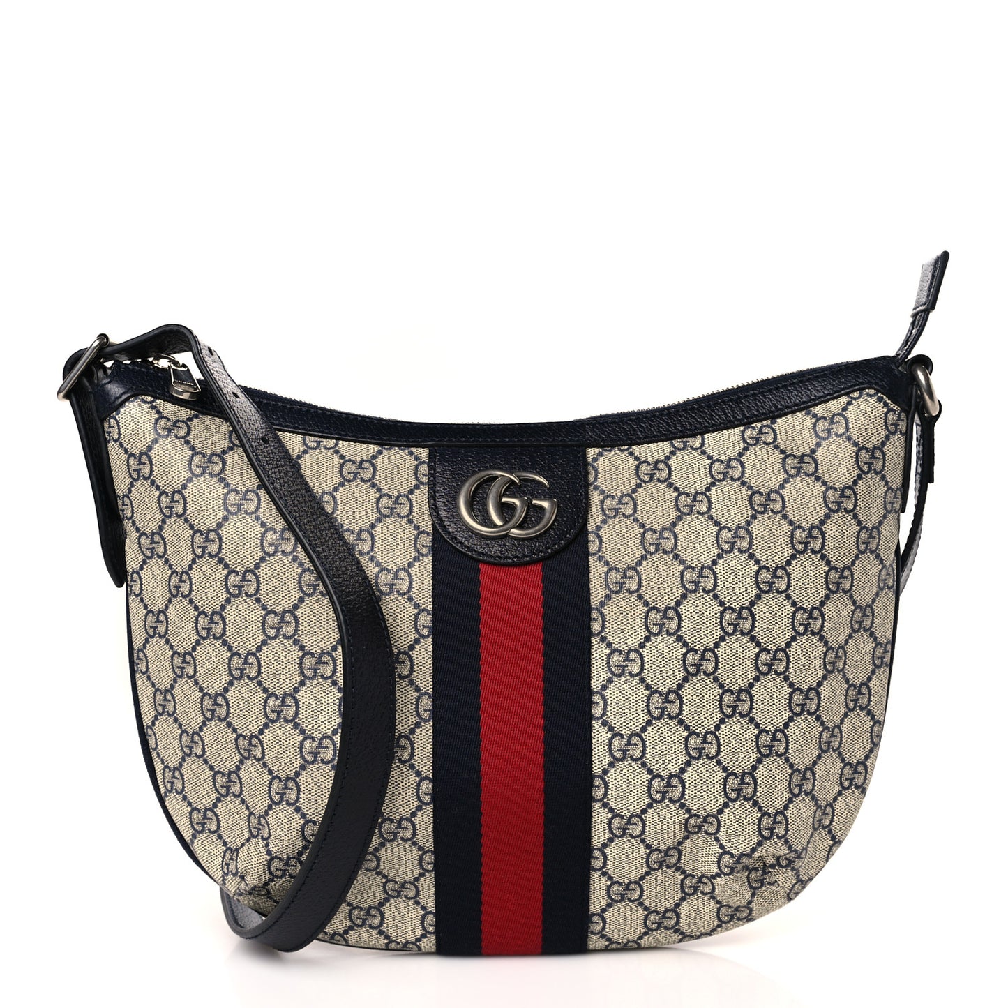 GG Supreme Monogram Textured Dollar Calfskin Web Small Ophidia Half Moon Hobo Beige Blue